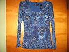   size M womens long sleeve double layer blue print stretch top shirt
