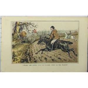   C1850 Colour Print Hunting Horses Jumping Gate Country