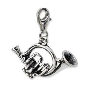   Silver 3 D Antiqued French Horn W/Lobster Clasp Charm Jewelry