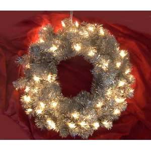 SILVER TINSEL 24 WREATH with Clear Mini Lights Christmas