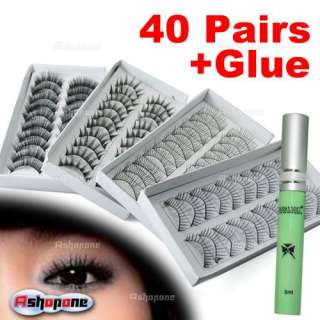 40 Pairs 4 Style false eye lash eyelashes + Pro Glue  