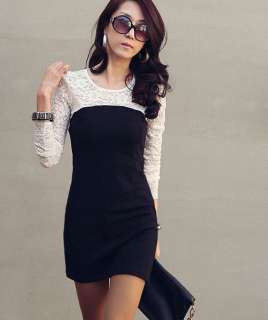 Fashion Korean Lady Lace Long Sleeve Splice Slim Fit Mini Dress Size 