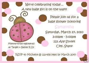 Personalized Pink Brown Ladybug Baby Shower Invitations  