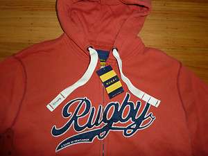 New Ralph Lauren Rugby Vintage Faded Red Fleece Zip Up Logo Hoodie 