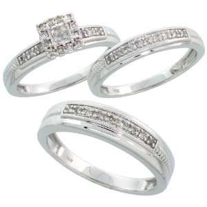 White Gold 3 Piece Trio His (5mm) & Hers (3.5mm; 6mm) Wedding Band Set 