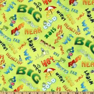 44 Wide High Low Fast Slow Words With Pigeons & Frogs Lime Fabric By 