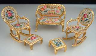 Vintage 8pc Dollhouse Furniture Gold Metal & Embroidery  