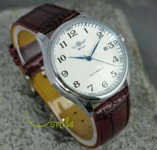 Elegant Self winding Automatic Mechanical Mens Leather White Date 