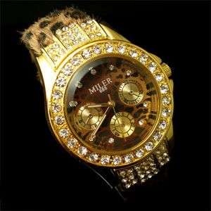 Golden Leopard Crystal Decorated Lady Women Wrist Watch  