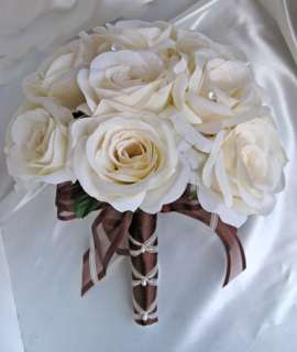 15 pc Wedding bouquet flowers decoration IVORY / BROWN  