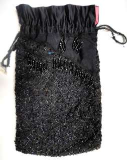 antique victorian MOURNING PURSE drawstring BEADS blk  