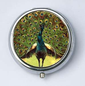 Green Peacock pillbox pill case box holder peacock feathers vintage 