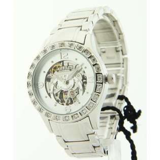 Croton Womens Croton Imperial Steel Skeleton Automatic Crystal Watch 