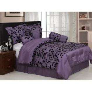 Bed in a Bag Purple with Black Velvet Floral Flocking 7 PC Comforter 