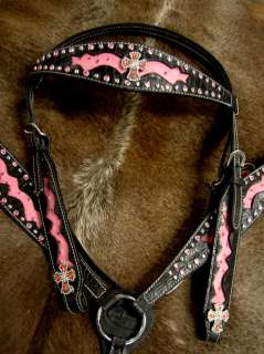 HORSE BRIDLE WESTERN LEATHER HEADSTALL BREAST COLLAR PINK SET RODEO 
