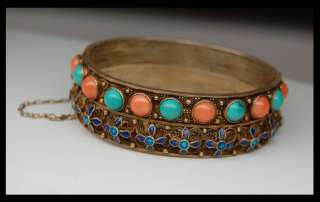 VINTAGE CHINESE GOLD GILT SILVER TURQUOISE CORAL BLUE FILIGREE ENAMEL 