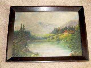Antique Rustic Log Cabin in Mountains Signed Oil Painting Germany 