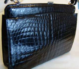100% Authentic Vintage Women`s Black Leather Crocodile Hand Bag  