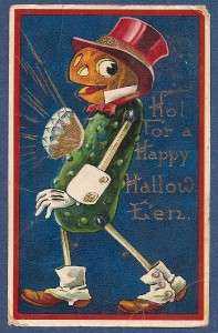 Pickle Man w Pumpkin Head~ Vintage Halloween Postcard Series 7107 c 