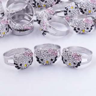 Wholesale Lovely Pink Bow Hello Kitty Crystal Adjustable Finger Rings 