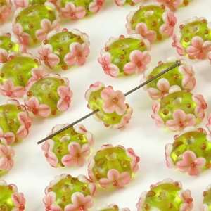  8mm Lime Green with Pink Flowers Glass Beads   Large Hole 