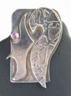   Sterling Silver Amethyst Cabochon Modernist Design Face Pin Artisan