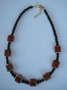 Pretty Vintage Red Ceramic Tile & Black Glass Bead Necklace  