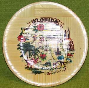 Florida Map Souvenir Bamboo Coasters   Vintage Set of 3  