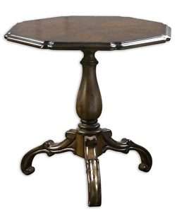 Walnut Finish Footed Round Carved Accent End Table  