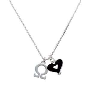  Greek Letter Omega and Black Heart Charm Necklace 