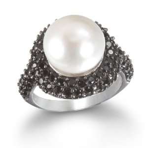  Freshwater Pearl Ring with Black Cz Pave Shank CHELINE 