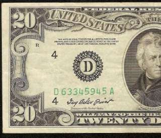 1950 A $20 DOLLAR BILL FOLD ERROR FEDERAL RESERVE NOTE Fr 2060 D VF++ 