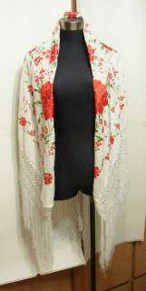 Silk Flamenco embroidery White Piano shawl&red flower  