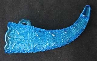 Blue pattern glass hanging horn vase, 8 1/4 l. EAPG  
