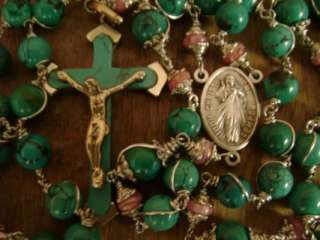 OLD TURQUOISE & RHODOCHROSITE BEADS ROSARY & CROSS  
