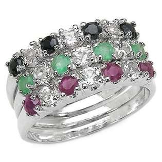   64 Carat Genuine Emerald, Ruby and Sapphire Sterling Silver Ring Set