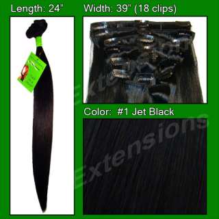 Jet Black Clip on in Human Hair Extensions 24 inch  