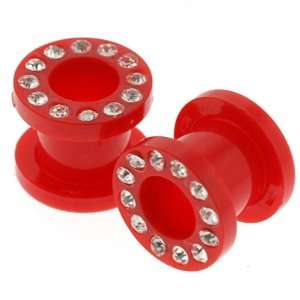  Red Acrylic Screw on Flesh Tunnels with Clear Crystal in 