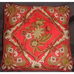   Crewel Pillow Floral Diamond Red Silk Organza (16X16)
