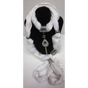   White Fashion Scarf with Bejeweled Rain Drop Pendant 