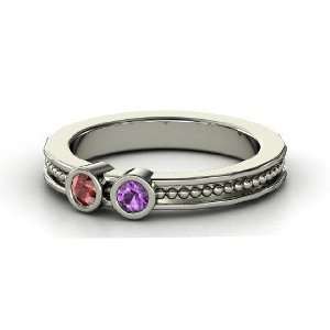  Mothers Gift Ring With Two Gems, Platinum Ring with Red 