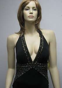 Sue Wong black beaded evening dress gown long halter 6  