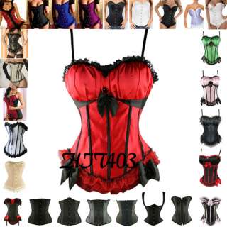 New Sexy Satin Boned Lace Up Corset Bustier+G String  