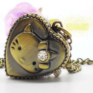   Diamond Kitty Pendant Necklace Quartz Pocket Watch Xmas gift sy104