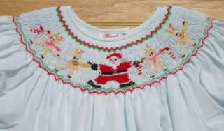   Lt. Blue Smocked Santa Reindeer Bishop Christmas Dress NEW 24M  