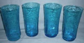 CAPRI BLUE TURQUOISE GLASS TREE BARK BAMBOO GOBLETS ICE TEA VINTAGE 