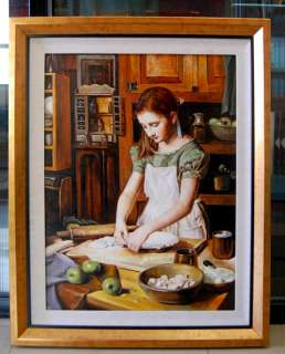 Realism oil painting hand painted original making a pie  
