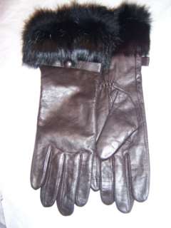 Ladies Button Bow,Blk Rabbit Fur, Brn Leather Gloves  
