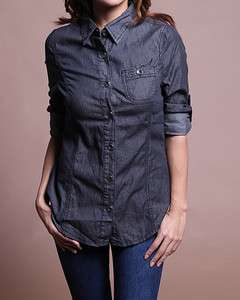   Chambray Denim JEAN SHIRTS BLOUSE w.Button Roll Up Long Sleeve TOP