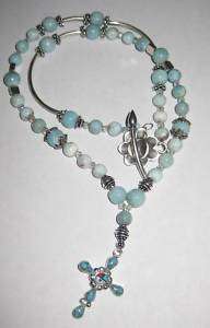Larimar round beads cross silver beaded necklace strand  